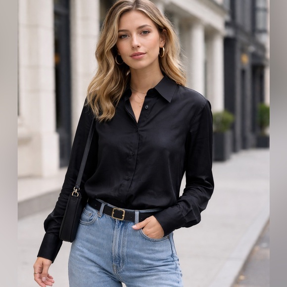 COS Tops - COS Black Acetate Crushed Texture Button Down Shirt‎ Womens Size 2 Minimalist